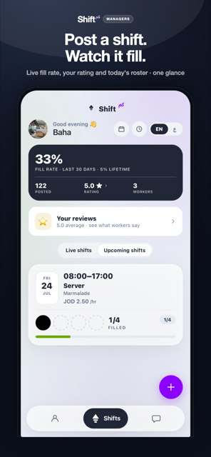 Manager app — live roster dashboard