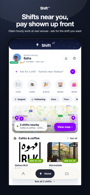 Worker app — shift feed with map of nearby shifts